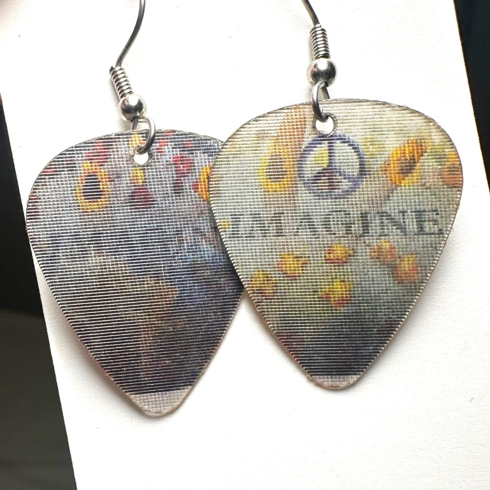 Vintage Handmade Holographic Guitar Pick Earrings IMAGINE Peace Sign Sunflower